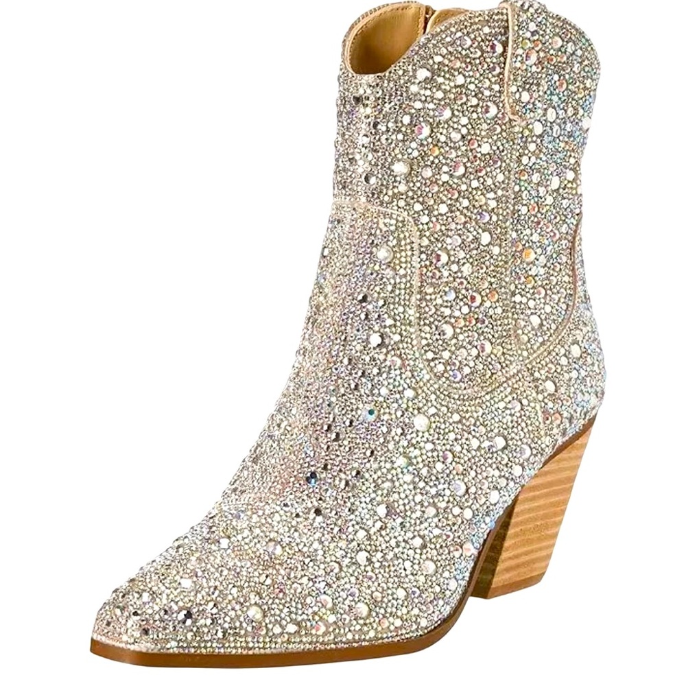 Betsey Johnson Pre-Loved Sz 9 Glittering Silver Rhinestone Heeled Boots (SH037) - Picture 4 of 9